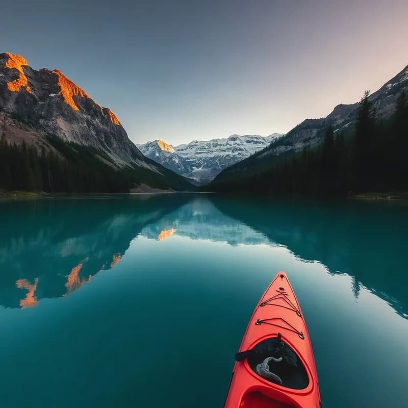 A mountain lake photo with a red kayak in the foreground